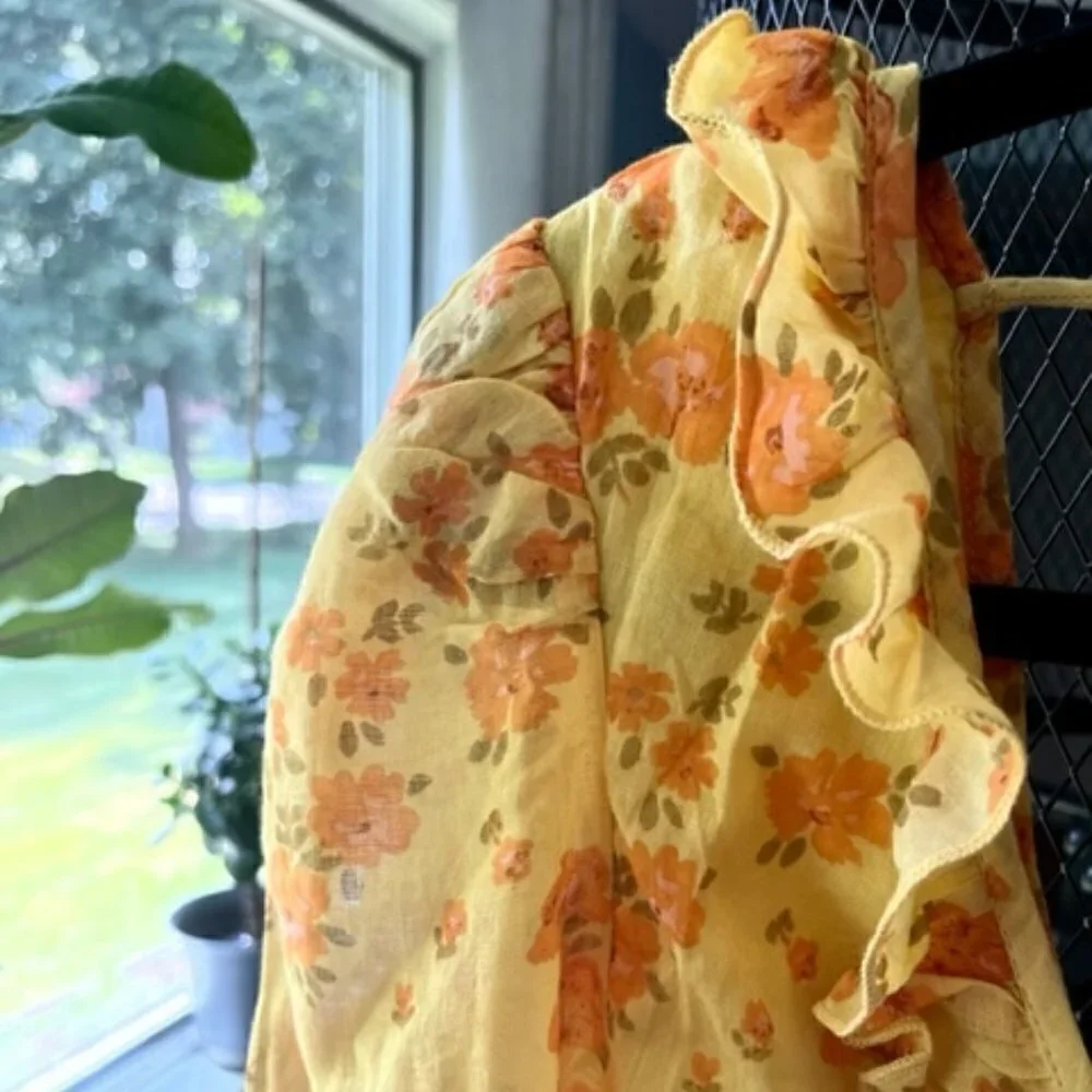 Free People Yellow Floral Print Blouse Ruffles Ruching Balloon Sleeve Small NWT